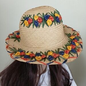 Colorful vintage 80s/90s Mexican handmade floral festival hat‎